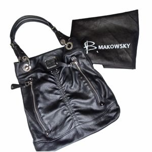 B. Makowsky Leather Hobo Style Moto Purse Shoulder Bag Black